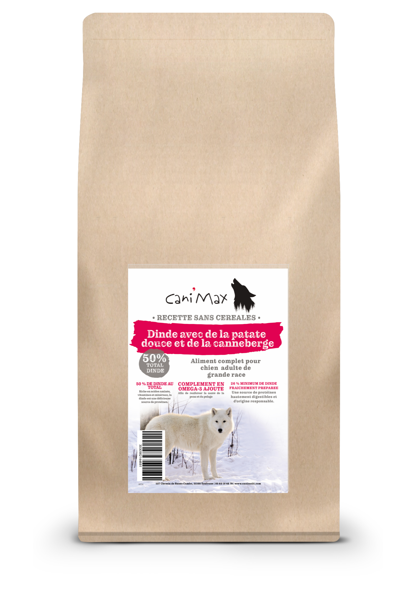 Cani'Max Sans Céréales - Chien Adulte - Grande races - Dinde avec de la patate douce et de la canneberge
