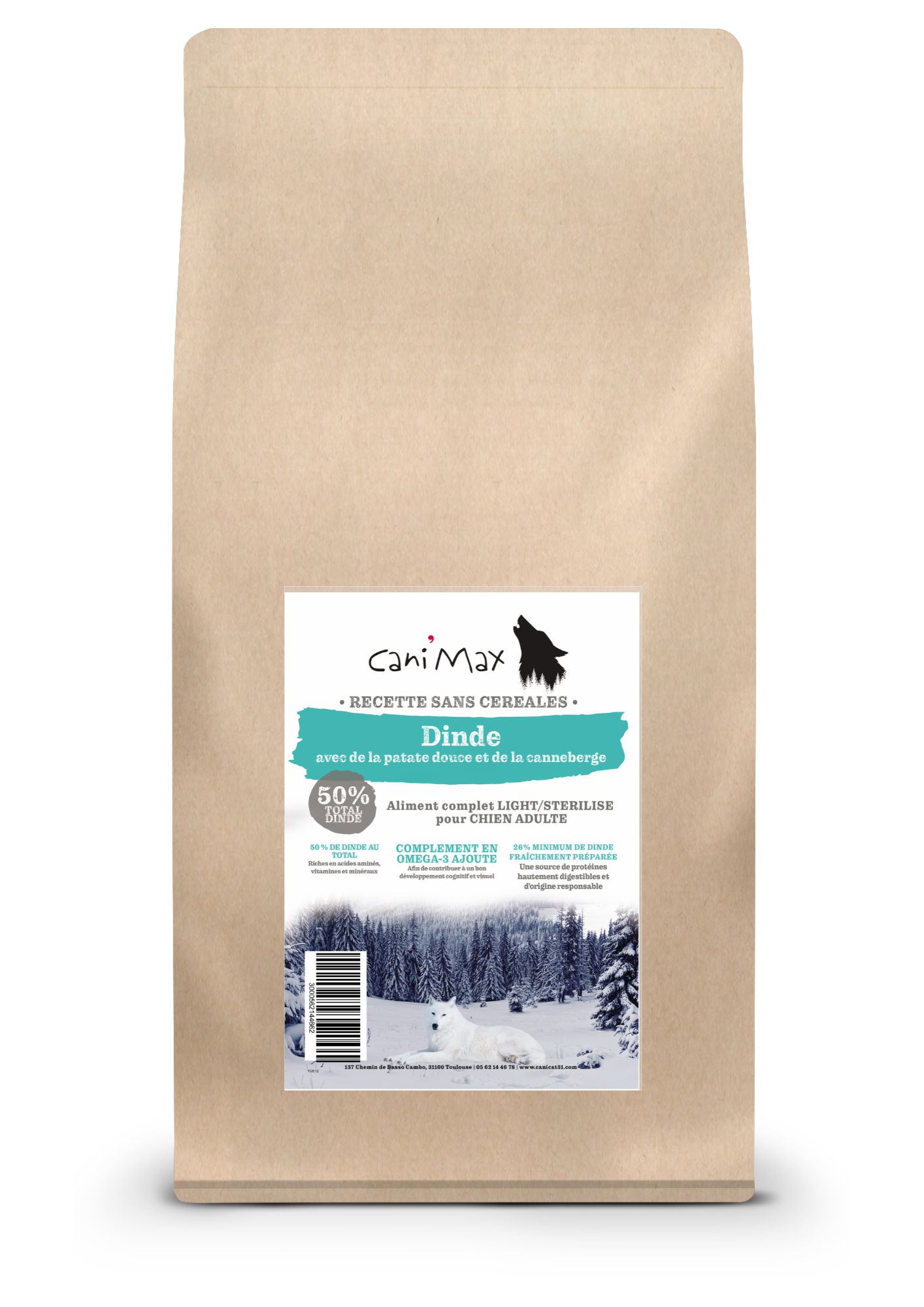 Cani'Max Sans Céréales - Chien Adulte - Light/Stérilisé - Toutes races - Dinde, patate douce et canneberge