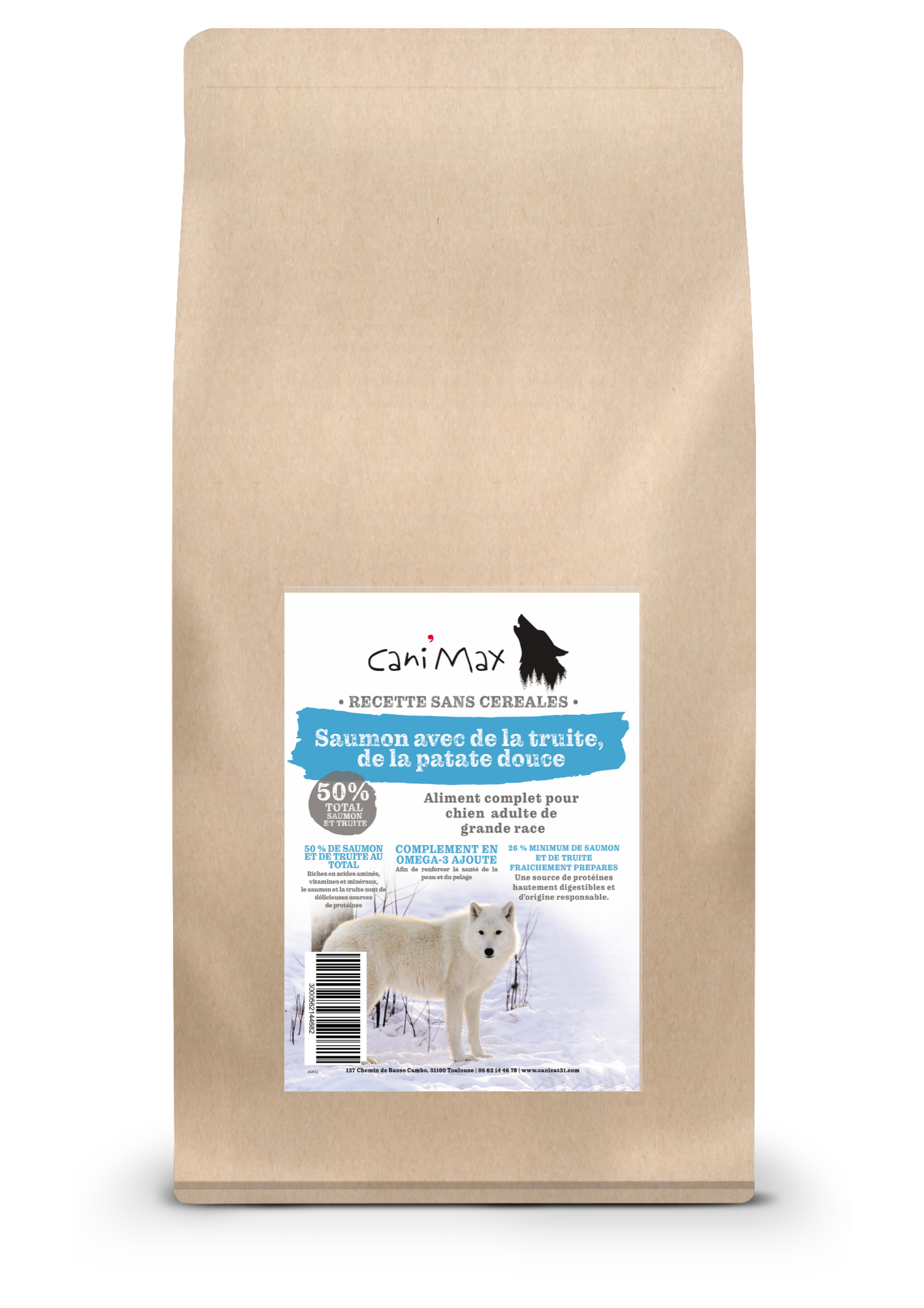 Cani'Max Sans Céréales - Chien Adulte - Grandes races - Saumon avec de la Truite patate douce