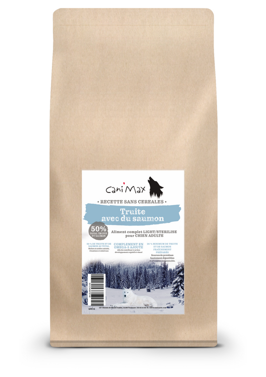 Cani'Max Sans Céréales - Chien Adulte - Light/Stérilisé - Toutes races - Truite et Saumon
